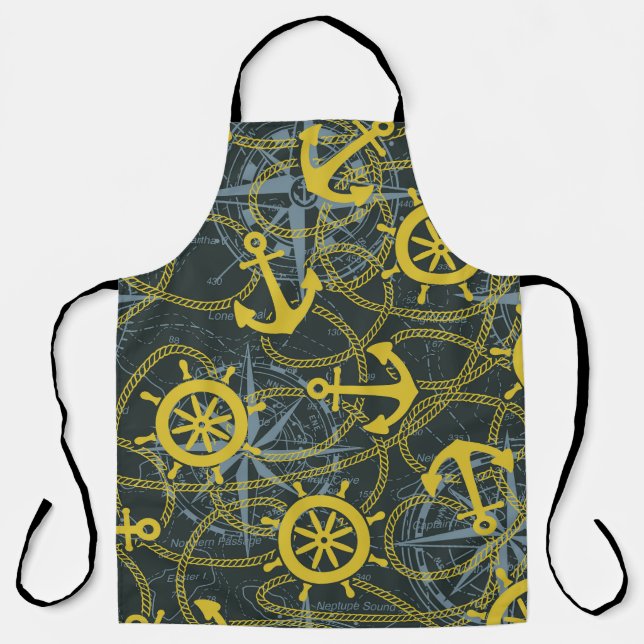 Delantal Patrón vintage náutico, ancla y mapa. (Anverso)