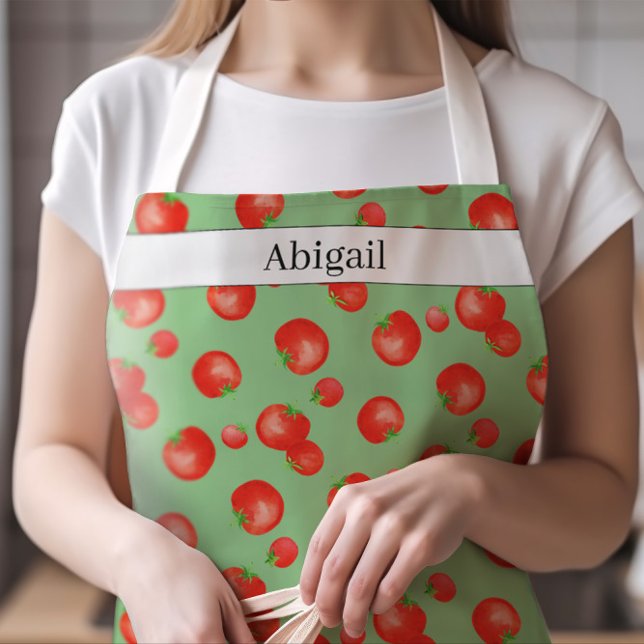 Delantal Patrón y nombre de tomates acuarela divertidos y f (Mediterranean-inspired Fresh Watercolor Tomatoes Pattern Apron with Your Name)