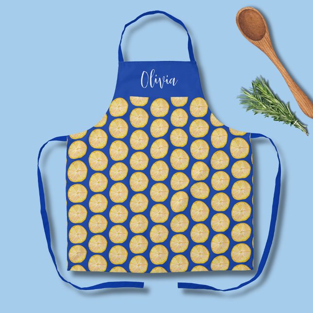 Delantal Patten de limón de cítricos coloridos (Citrus lemon fruity kitchen apron on blue background.  Personalize with your own name or text.)