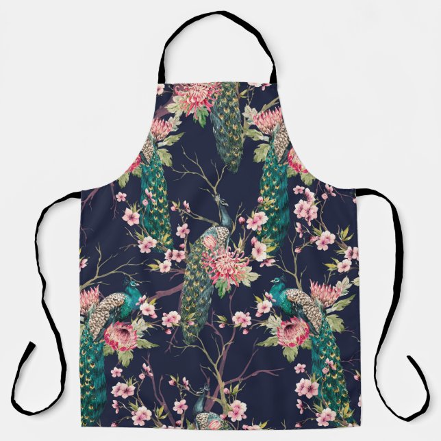 Delantal pavo real de patrón de acuarela en cerezo de árbol (Anverso)