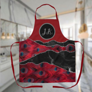 Delantal Pavo Real Rojo Negro Mármol Ágata Glam 