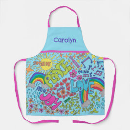 Delantal Paz, amor, alegría. Dibujo retro de los años 60, t