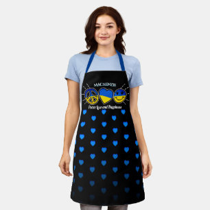 Delantal Paz Amor Felicidad Corazón azul en NEGRO con nomb