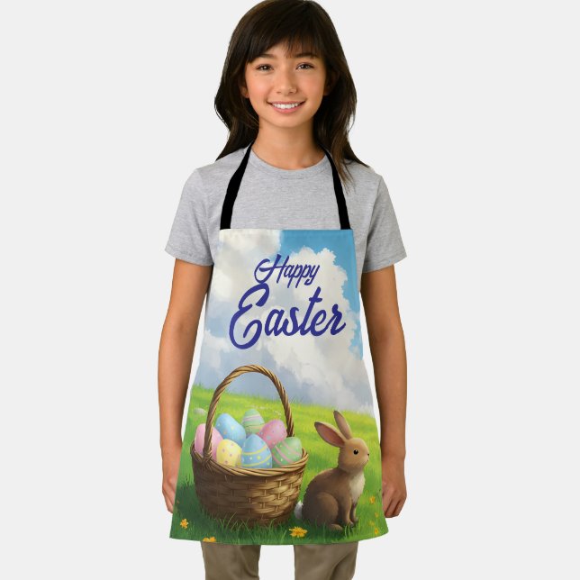 Delantal Peaceful Easter Spring Meadow Bunny & Egg Basket (in situ)