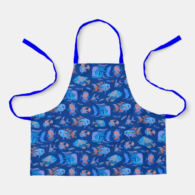 Delantal Peces tropicales divertidos en azul (Anverso)