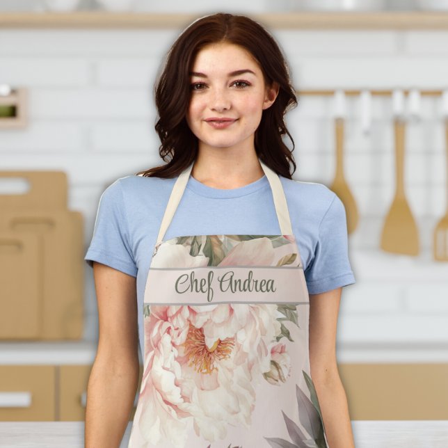 Delantal Peonía floral acuarela acuática de cocción femenin (custom name women's apron pink floral roses peony floral cooking baking apron gift for women for her)