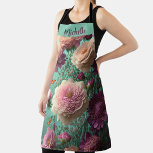 Delantal peonías de vintage en rosa y borgoñona, personaliz