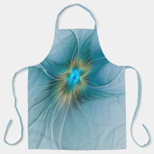Delantal Pequeña belleza arte fractal moderno azul oro Flor