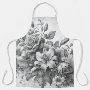 Delantal Perfección floral de antigüedades en blanco y negr