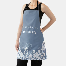 Delantal Periwinkle Custom Name White Floral Apron