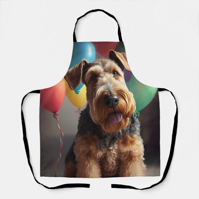 Delantal Perro Airedale con pastel y globos (Anverso)