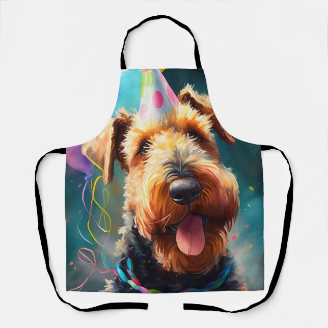 Delantal Perro Airedale con sombrero de cumpleaños y globos (Anverso)