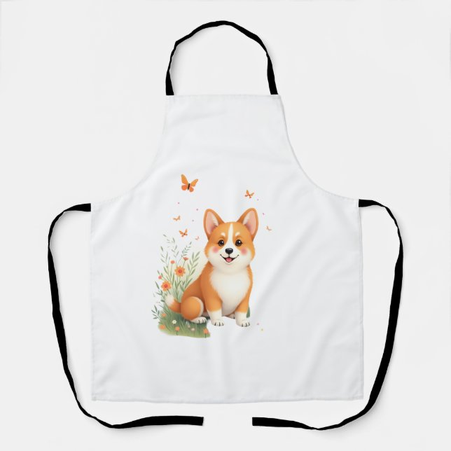 Delantal Perro Akita con flor y camiseta con mariposa (Anverso)