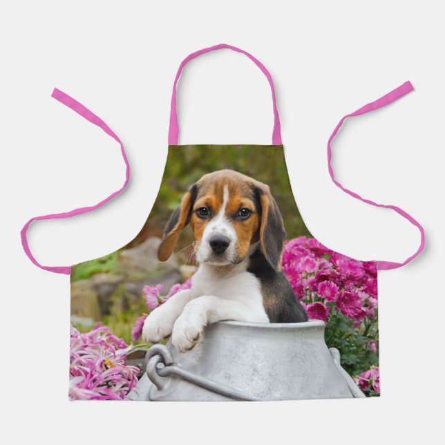 Delantal Perro beagle dulce en guarnición lechera con flore (Anverso)