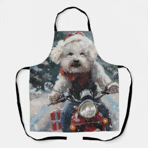Delantal Perro Bichón Frisé montando motocicleta en Navidad