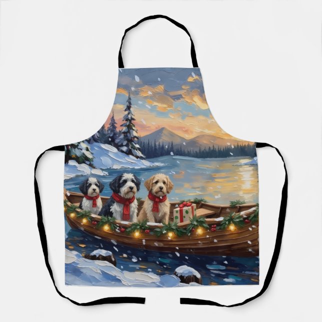 Delantal Perro de pastor inglés antiguo Navidad Barco Fiest (Anverso)