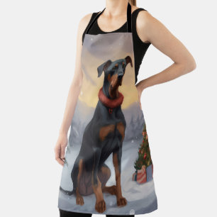 Delantal Perro Doberman en Navidad con nieve 