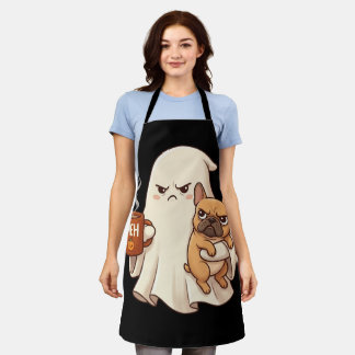 Delantal Perro francés fantasma gruñón sosteniendo café Esp
