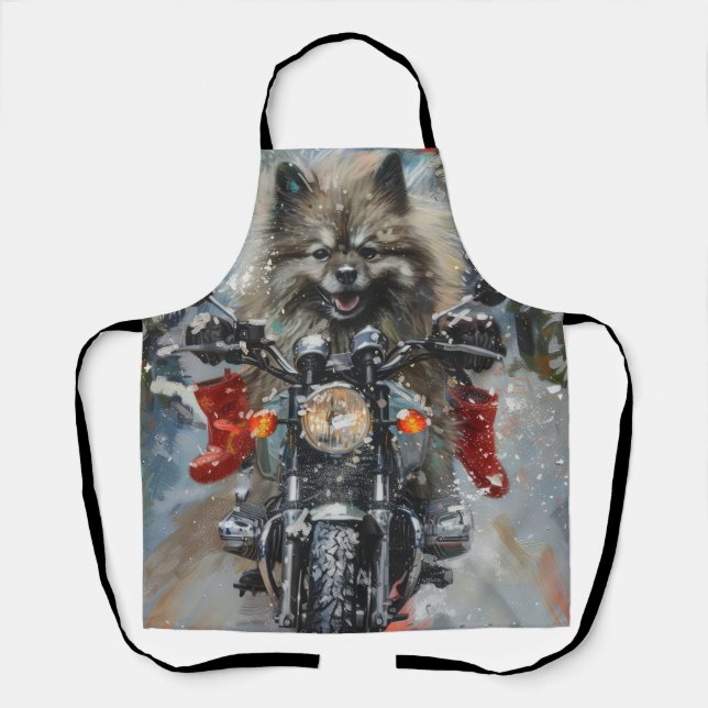 Delantal Perro Keeshond montando motocicleta Navidad (Anverso)