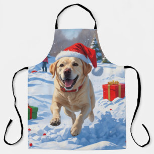 Delantal Perro Labrador corriendo en la nieve con sombrero