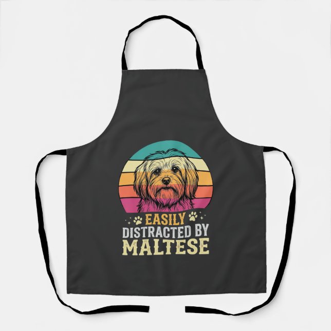Delantal Perro maltés distraído en puesta de sol retro (Anverso)