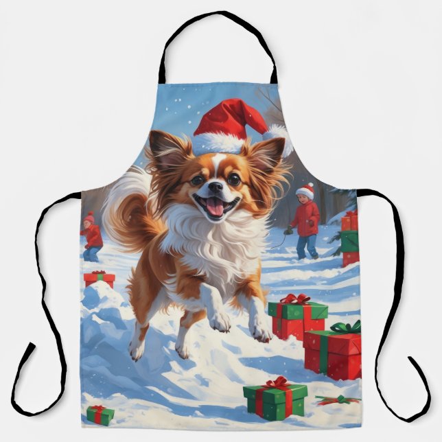 Delantal Perro Papillon corriendo en nieve con Gorra Navida (Anverso)