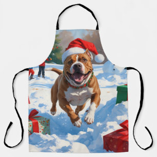 Delantal Perro Pitbull corriendo en la nieve con sombrero d