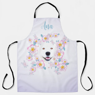 Delantal Perro Samoyed y flores rosadas, nombre personaliza