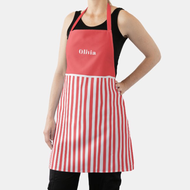 Delantal Personalised Red Stripe Pattern Apron. (in situ)