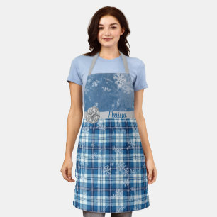 Delantal Personaliza Navidad Elegante Cuadriculado Azul 