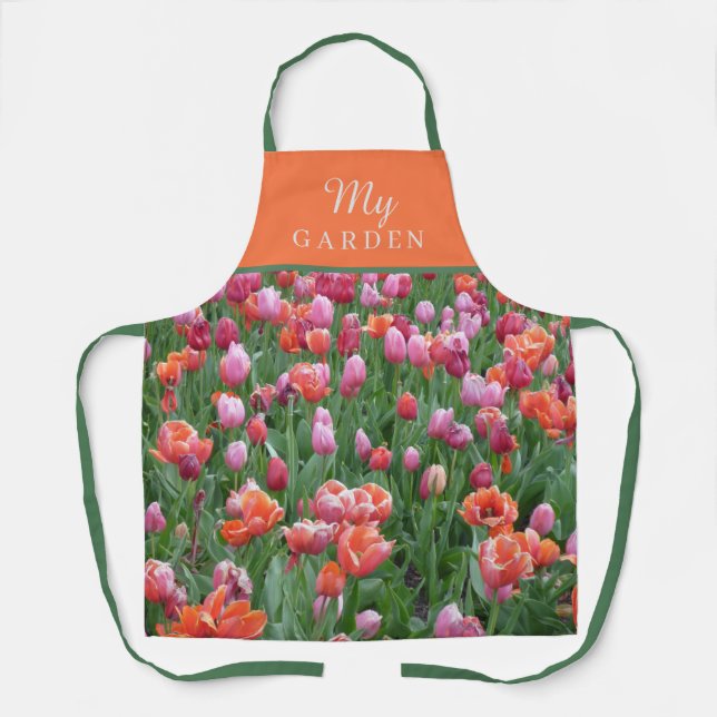 Delantal Personalizable Naranja brillante, tulipán rosa y v (Anverso)