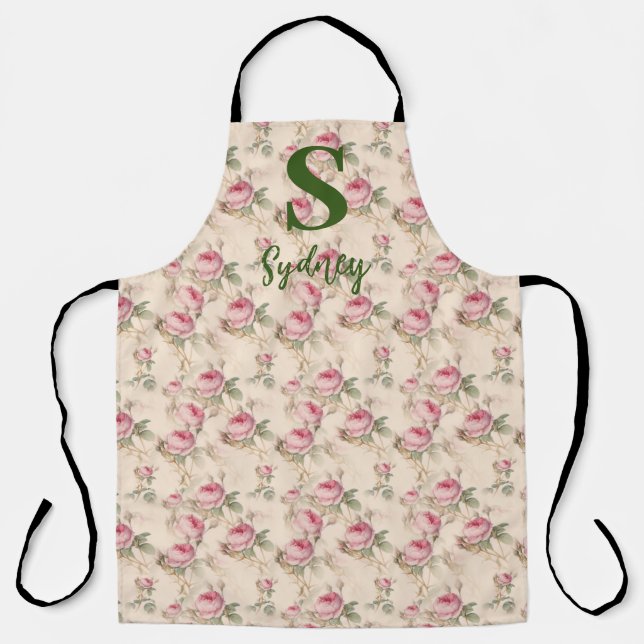 Delantal Personalizado Apron de cocina floral de rosas rosa (Anverso)
