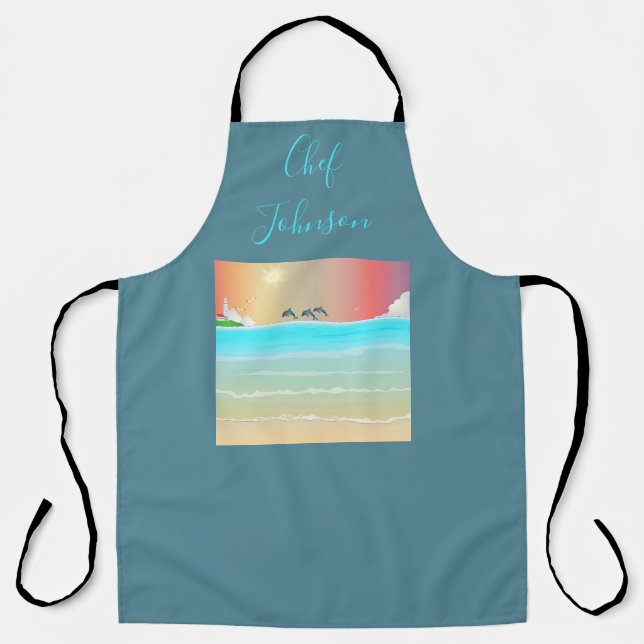 Delantal Personalizado con Tema de Playa con Delfi (Anverso)