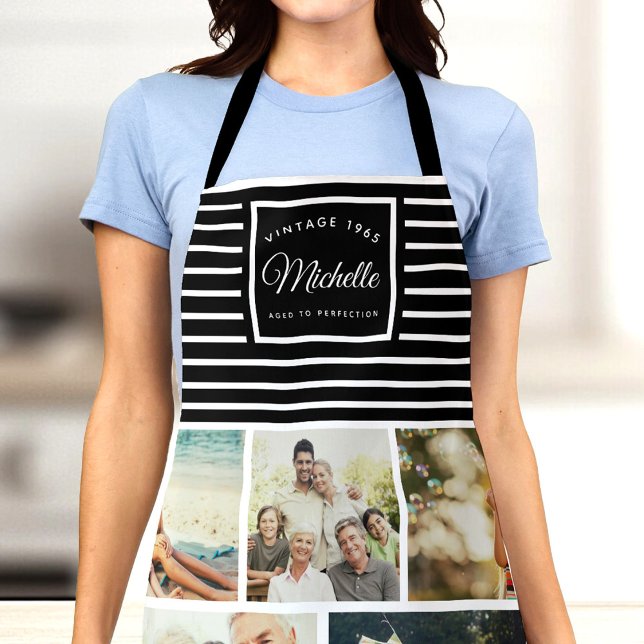 Delantal Personalizado Cumpleaños Vintage Año Collage de fo (Woman wearing a photo apron with "Vintage 1965, Aged to Perfection" text on a striped design)
