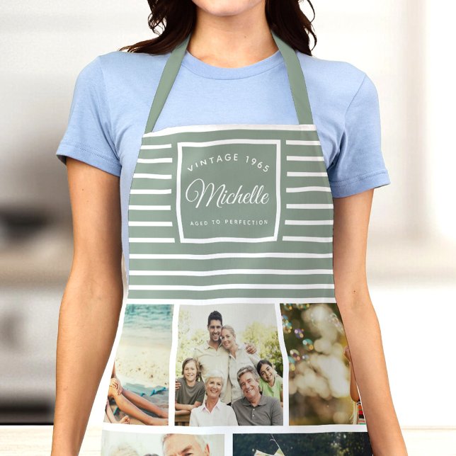 Delantal Personalizado Cumpleaños Vintage Año Collage de fo (A person wearing a personalized photo apron with "Vintage 1965 Michelle Aged to Perfection," type)