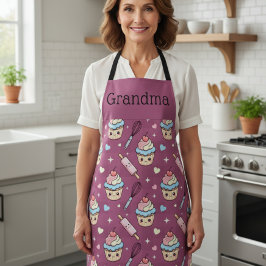 Delantal Personalizado de Abuela Kawaii Rosa Azul