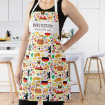Delantal Personalizado de cocina del chef de cocina de Alem<br><div class="desc">Un delantal divertido con un patrón de íconos y comida alemanes y dos líneas de texto personalizado. Añade el nombre de un chef, el nombre de tu Oma, una panadería, el nombre del restaurante, el nombre del café o tienda, o borra el texto y el rectángulo y simplemente usa el...</div>