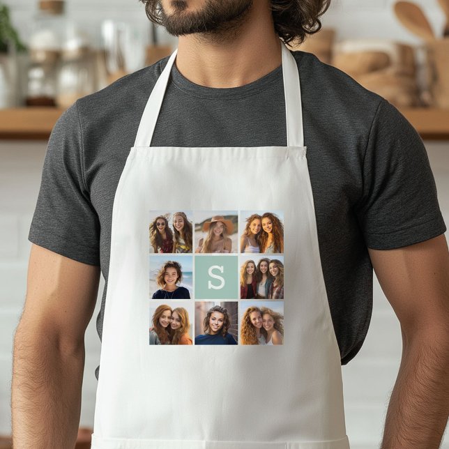 Delantal Personalizado de collage de fotos Monograma Mint V (Custom Apron with a Photo Collage)
