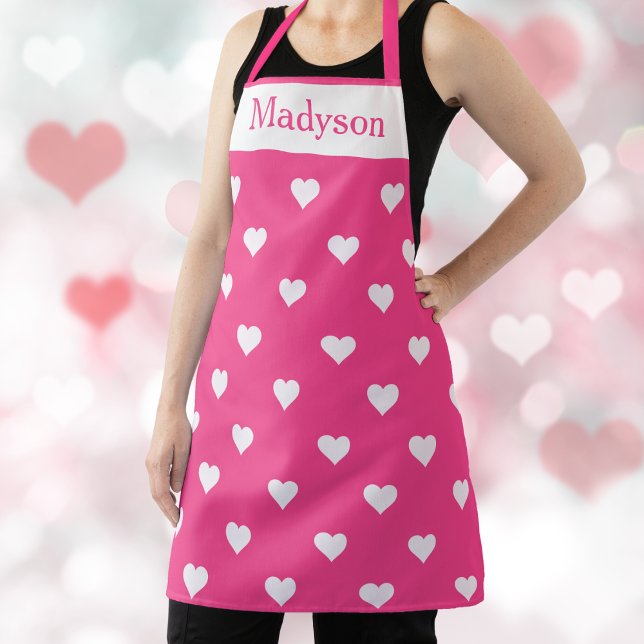 Delantal Personalizado de Corazones de San Valentín rosa y  (Pink and White Valentine Hearts Custom Apron)
