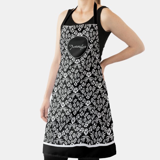 Delantal Personalizado de damasco floral blanco y negro (in situ)