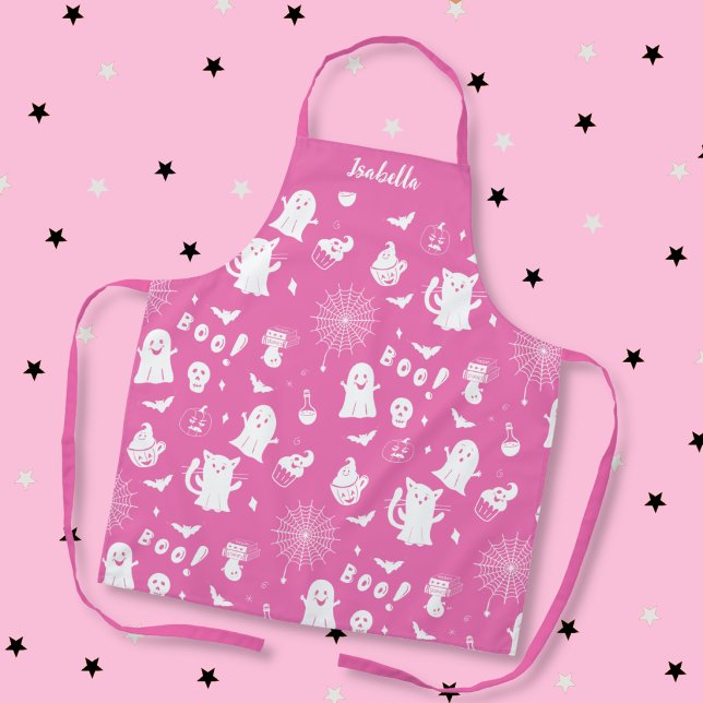 Delantal personalizado de Halloween rosa lindo esp (Spooky cute pink and white Halloween theme apron with name . )