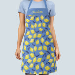 Delantal Personalizado de LemonCitrus<br><div class="desc">Patrón de limón color agua bonito sobre fondo azul para una toma de verano de la vitamina C. Arte original de Nic Squirrell. Cambie el nombre a personalizar.</div>