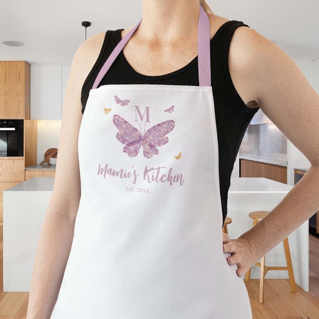 Delantal Personalizado de mariposas de oro morado Monograma (butterflies personalized apron mom hostess grandma gift thanksgiving christmas custom monogram lilac)