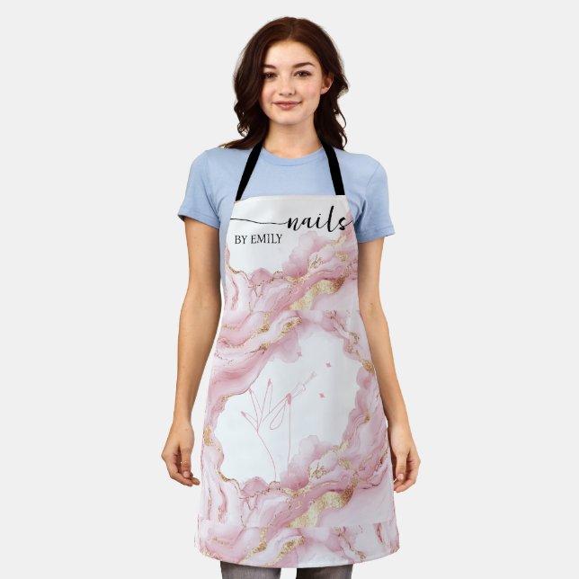 Delantal Personalizado de mármol rosa y dorado Nail Salon (Gastado)
