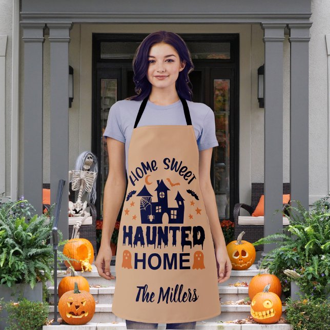 Delantal Personalizado de naranja de Halloween Halloween, d (Home Sweet HAUNTED Home Halloween orange custom Apron)