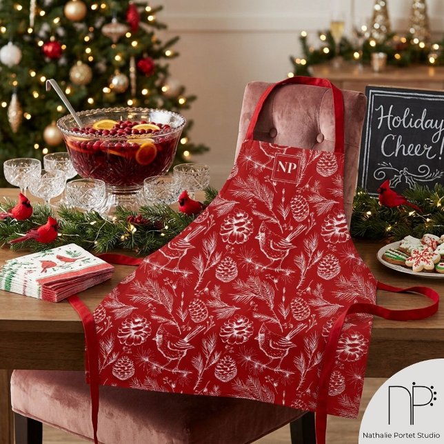 Delantal Personalizado de Navidad Cardenal Rojo (This Cardinal Christmas Apron features hand-drawn art, perfect for festive holiday home bakers.)