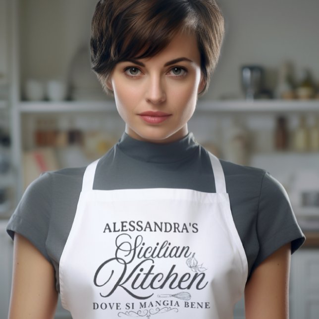 Delantal Personalizado de Nonna Siciliana ((Custom name) Sicilian Kitchen Dove Si Mangia Bene (where one eats well) white apron Sicily heritage)
