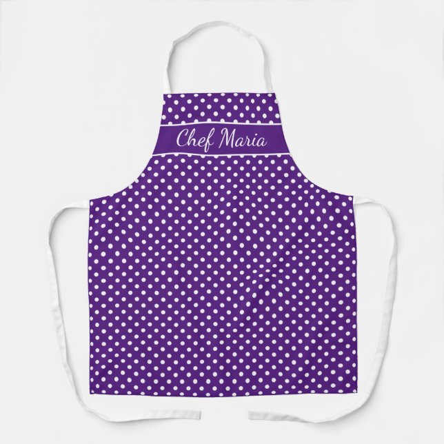 Delantal Personalizado de polka púrpura y blanca cocina imp (Anverso)