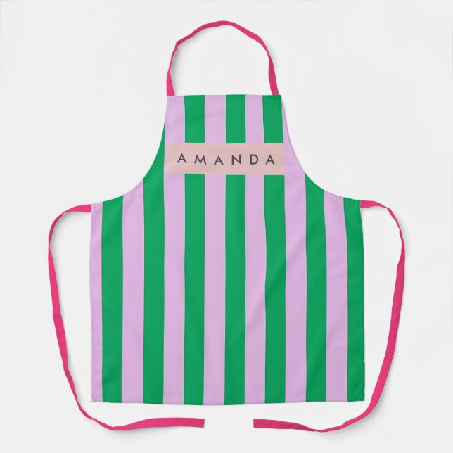 Delantal Personalizado Fresco Verde y Rosa Rayado Retro (Anverso)