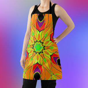 Delantal Personalizado Mandala Naranja de flores verde y ro